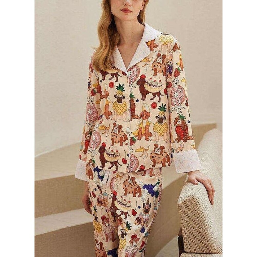 Womens S Ivory Dogs Print Satin Pajama Set Button Up Long Sleeve Shirt Pants 2pc